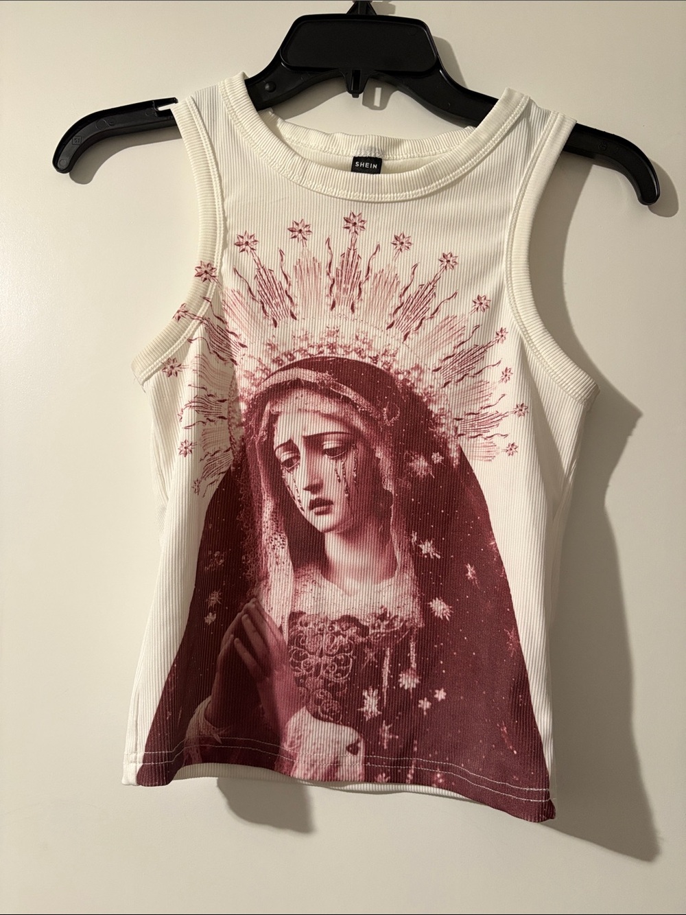 SHEIN Women's White Sleeveless Graphic Tank with Burgundy Religious Print